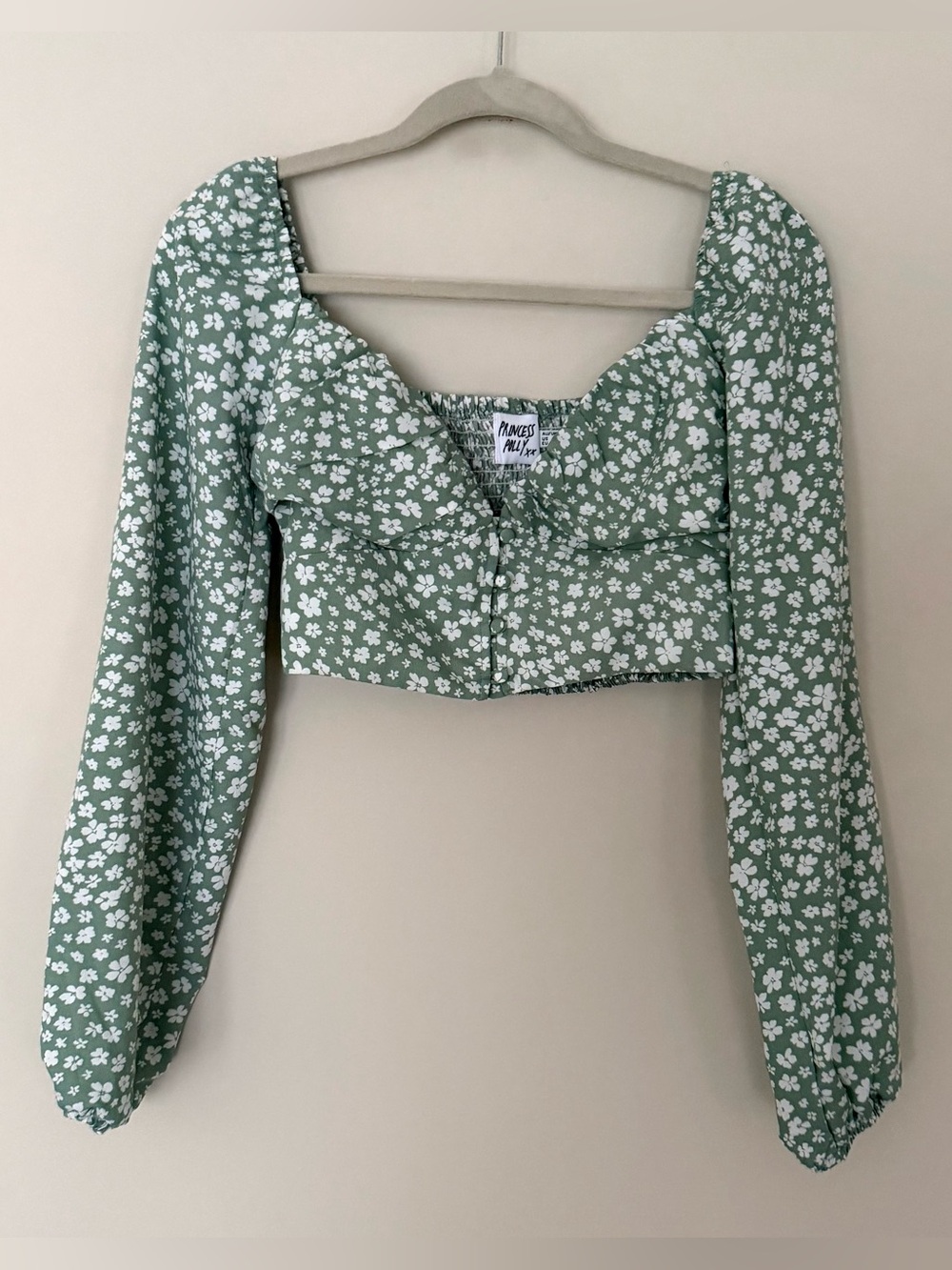 Princess Polly Green Floral Tie-Front Puff Sleeve Crop Top
